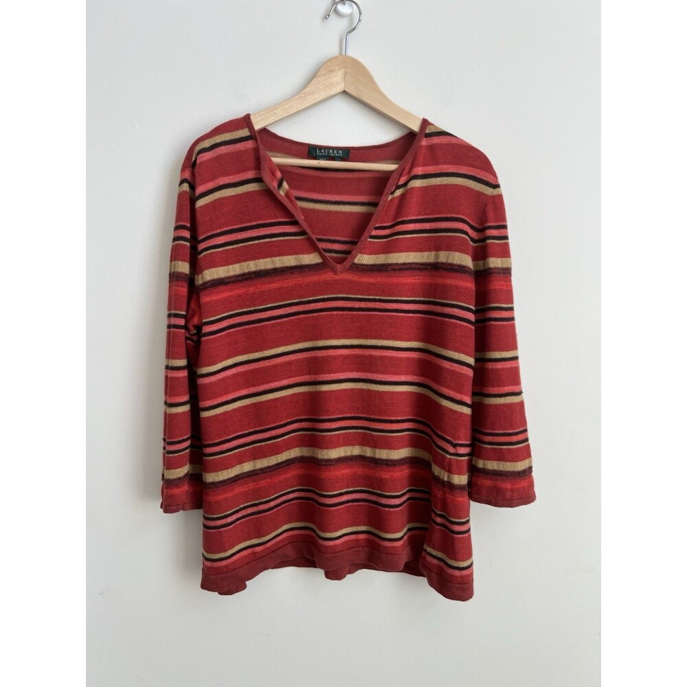 Lauren Ralph Lauren Large Sweater Striped Linen Blouse Red Multicolor V-Neck 3/4